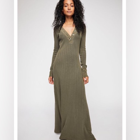 Free People Dresses & Skirts - FREE PEOPLE BEACH ARMY SUNFLOWER RIBBED LONG SLEEVE MAXI DRESS SZ LARGE